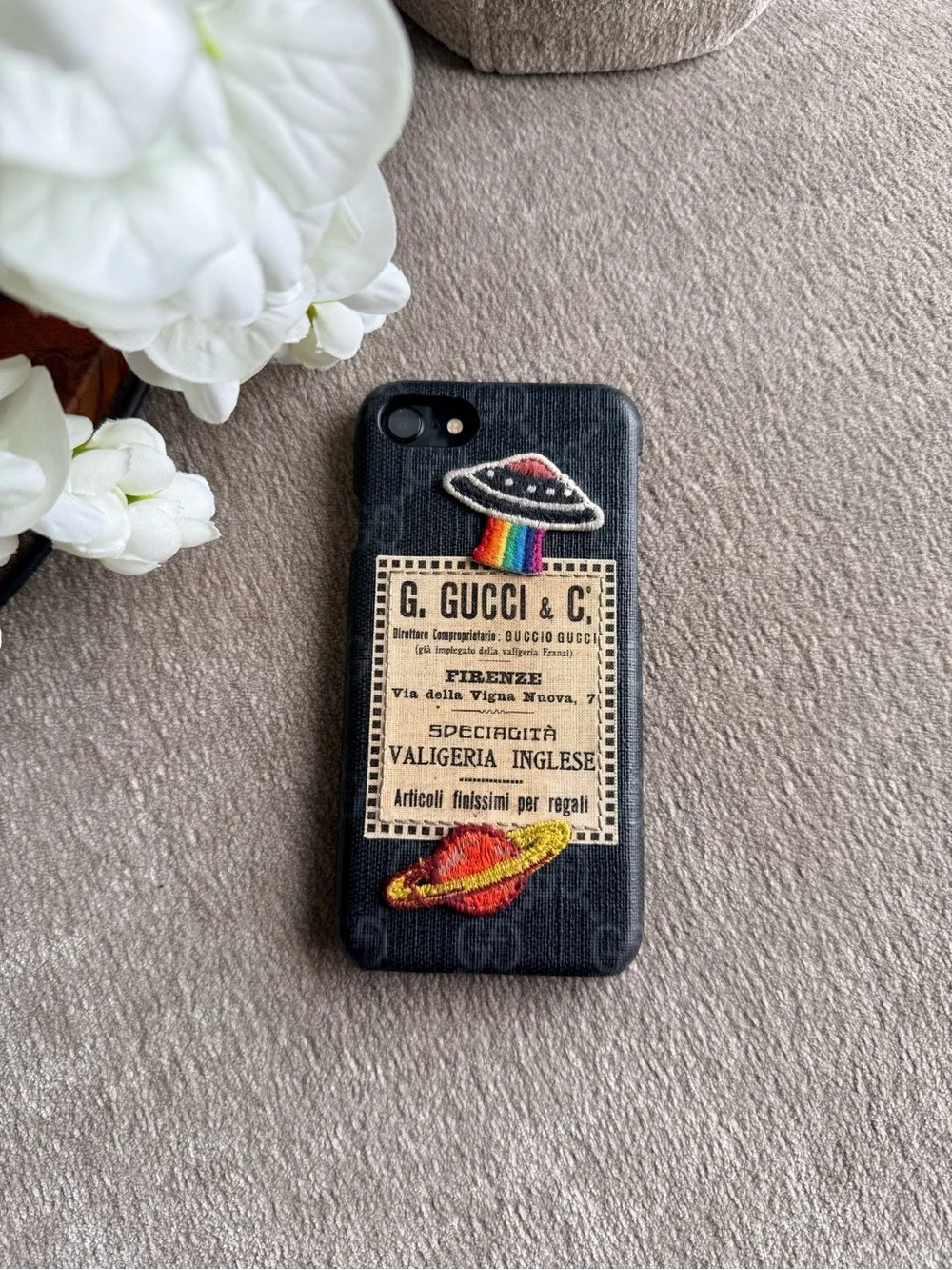 Gucci Black Monogram iPhone SE Phone Case with Rainbow UFO & Planet Patches